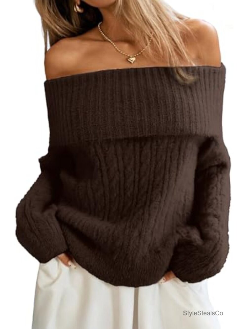Off Shoulder Cable Knit Sweater Soft Oversized Pullover
